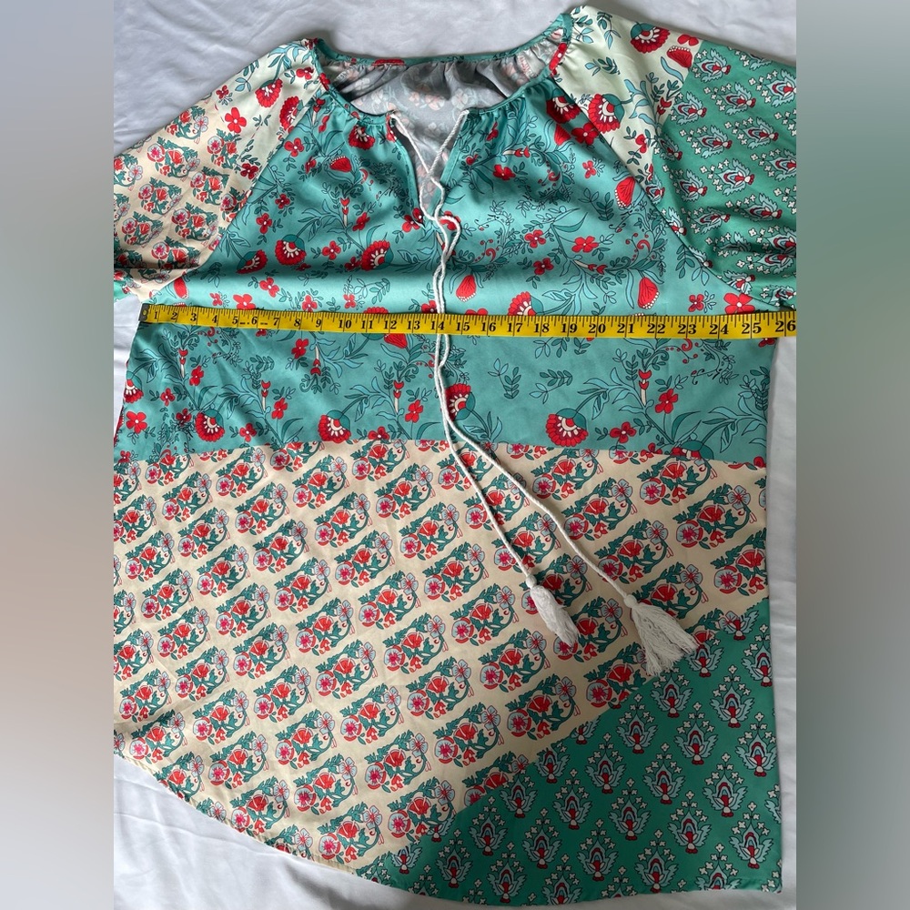 Patchwork Boho Peasant Blouse Top 2XL Floral Spring Balloon Sleeve Casual Tassel - Picture 10 of 16